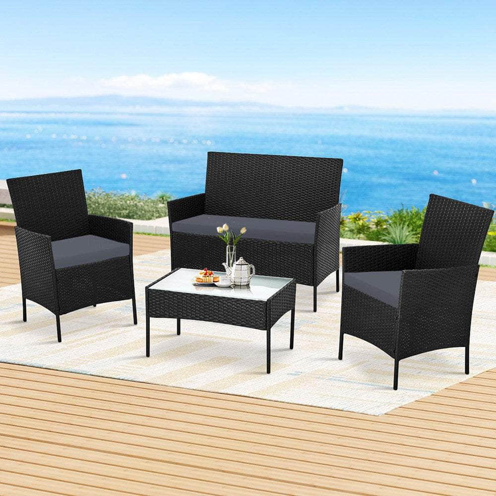 4 Seater Outdoor Sofa Set Wicker Setting Table Chair Furniture Black