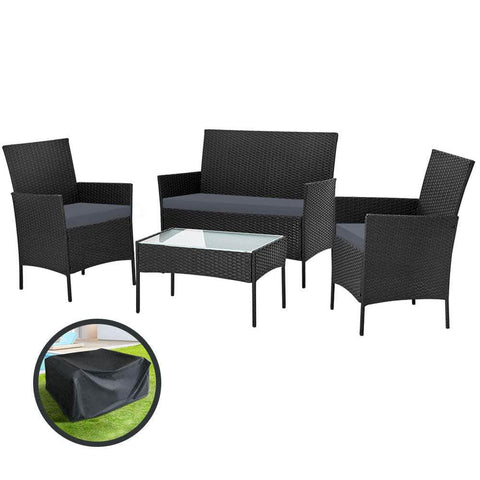 4 Seater Outdoor Sofa Set With Storage Cover Wicker Table Chair Black