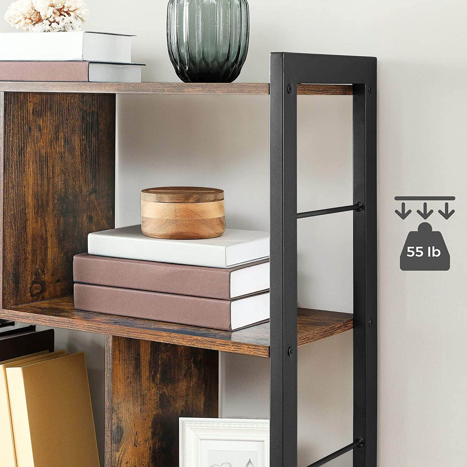 4-Tier Industrial Bookshelf Stable Iron Frame, Rustic Brown