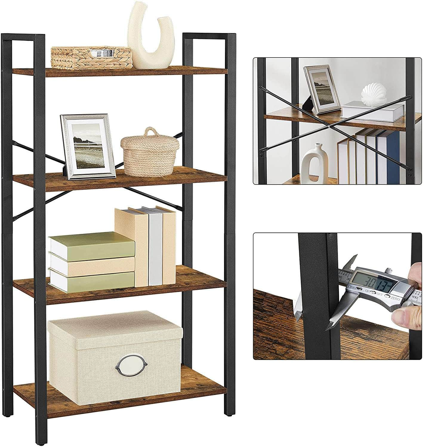 4-Tier  Storage Rack With Steel Frame, 120 Cm High, Rustic Brown And Black