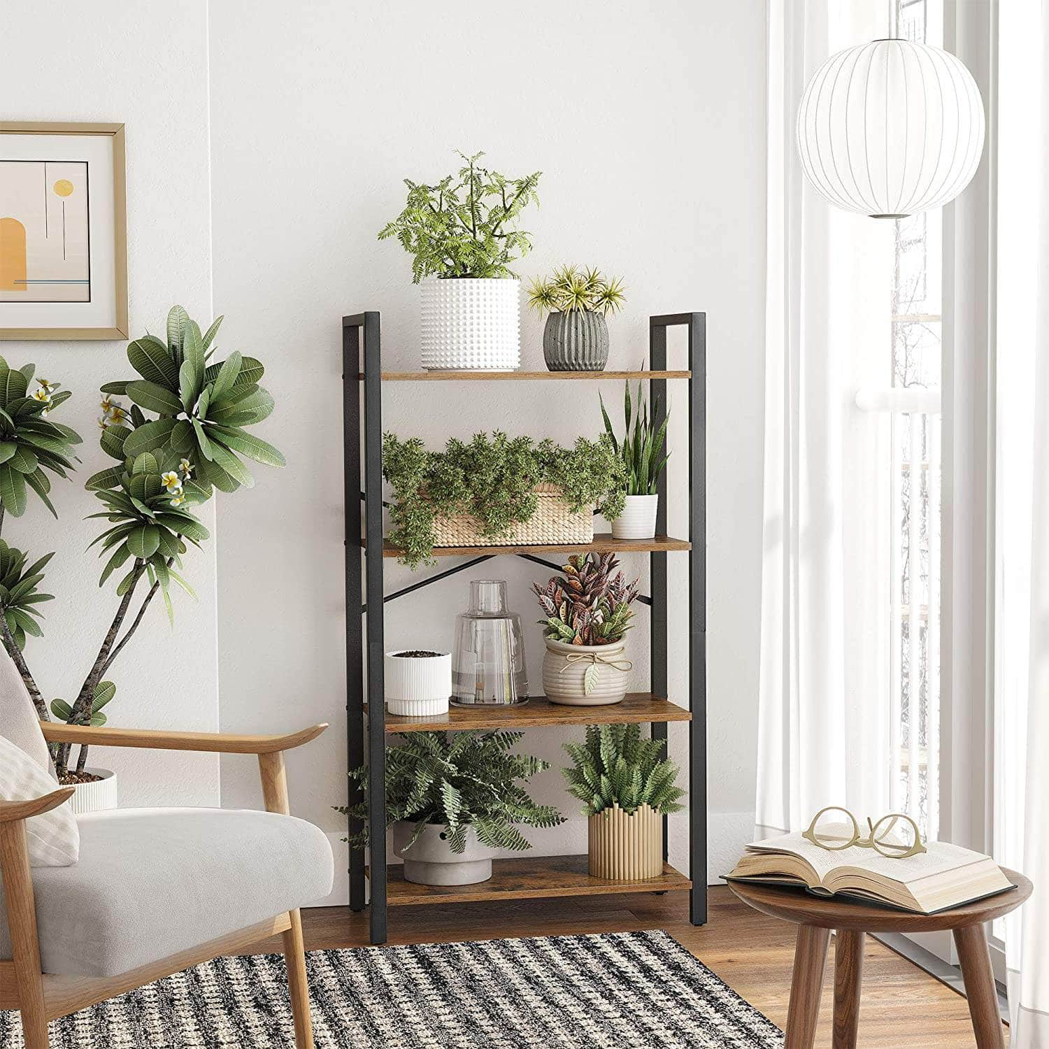 4-Tier  Storage Rack With Steel Frame, 120 Cm High, Rustic Brown And Black