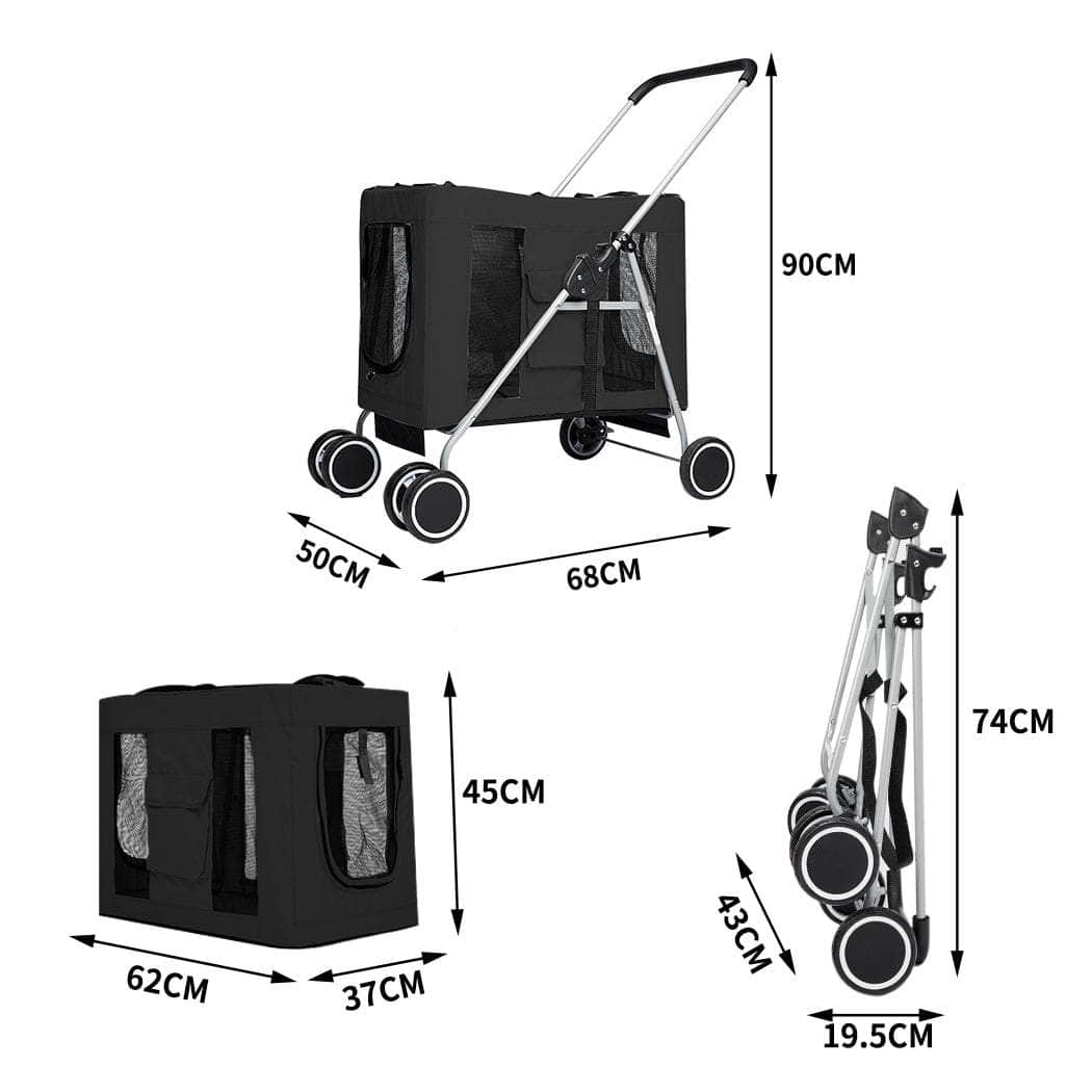 4 Wheels Pushchair Foldable Pet Stroller - Black