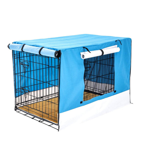 42in Wire Dog Crate w/ Tray, Cushion & Blue Cover