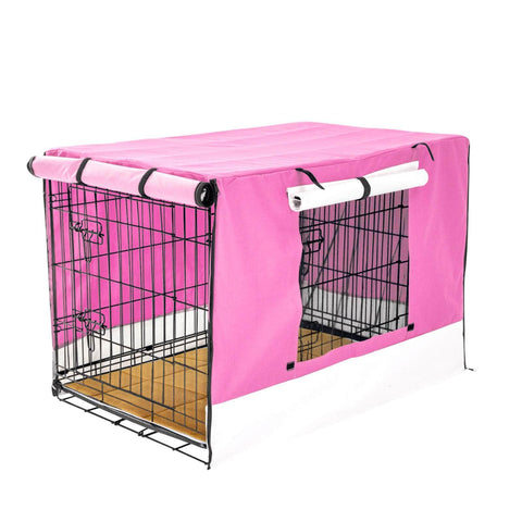 42in Wire Dog Crate w/ Tray, Cushion & Pink Cover