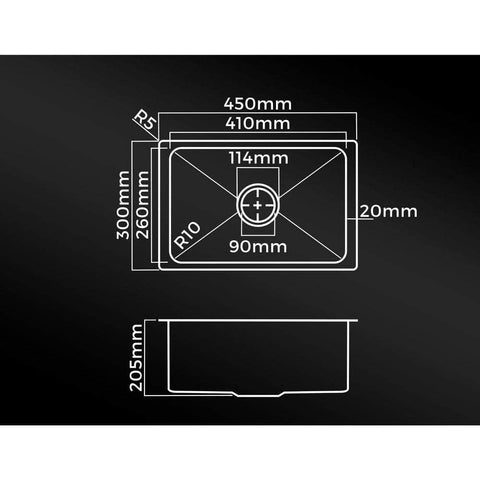 44X38CM Stainless Steel Sink Single Bowl with Waste Black