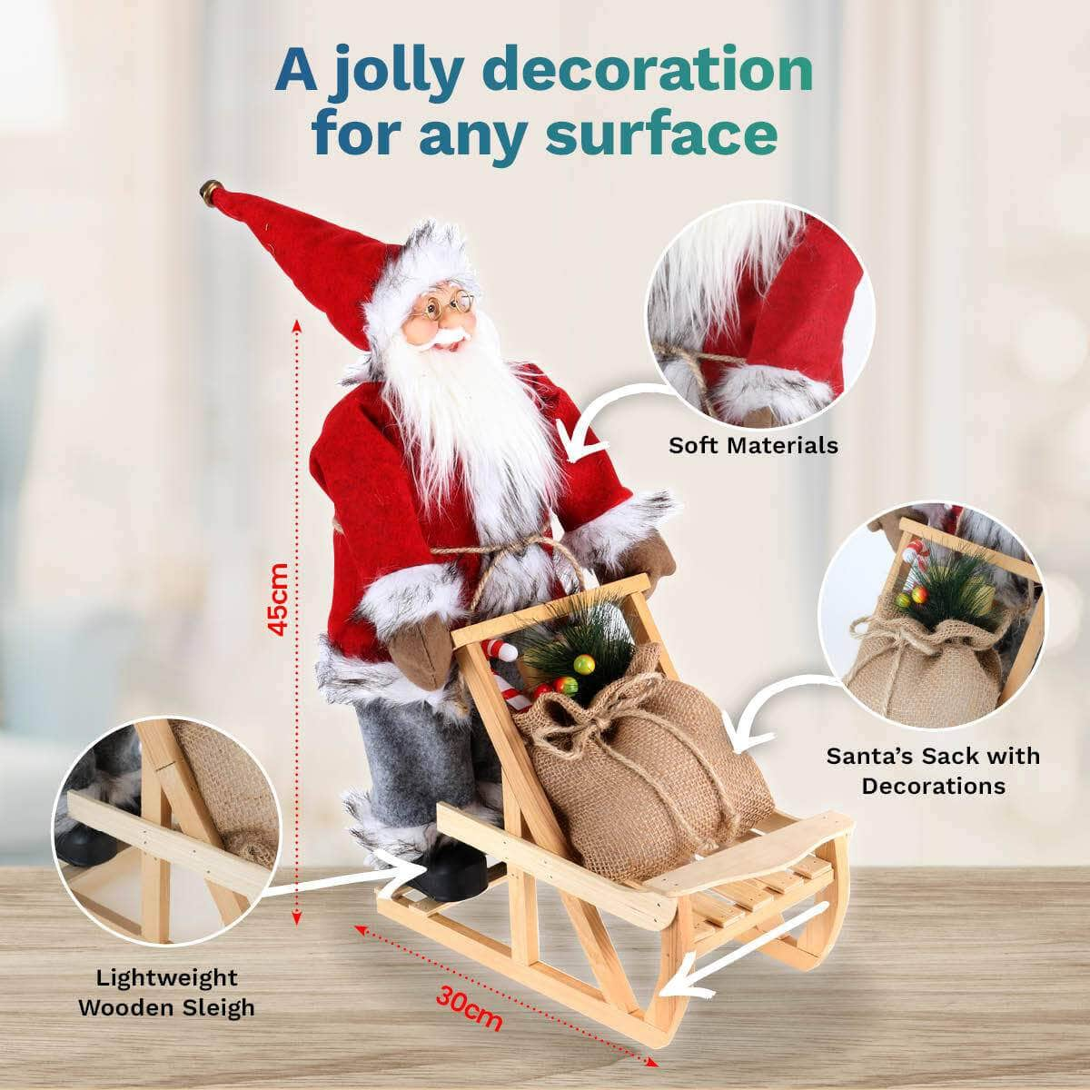 45cm x 30cm Santa & Wooden Sleigh Decorative Statue Intricate Details