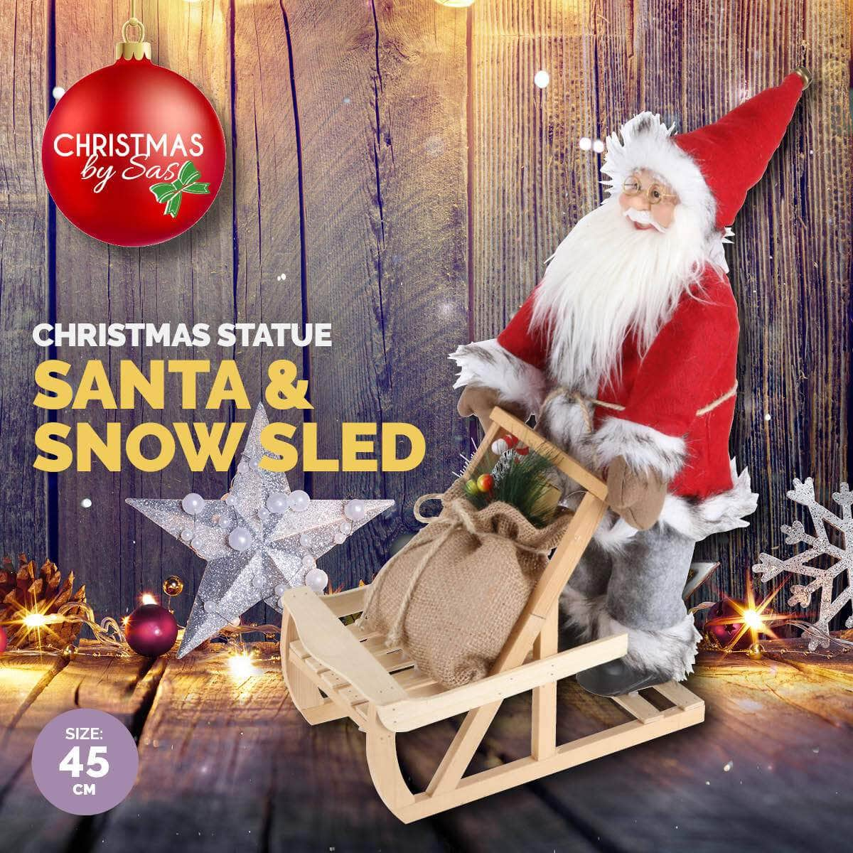 45cm x 30cm Santa & Wooden Sleigh Decorative Statue Intricate Details