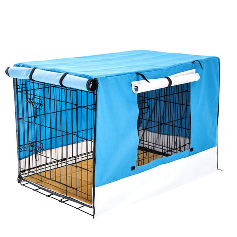 48in Wire Dog Crate w/ Tray, Cushion & Blue Cover