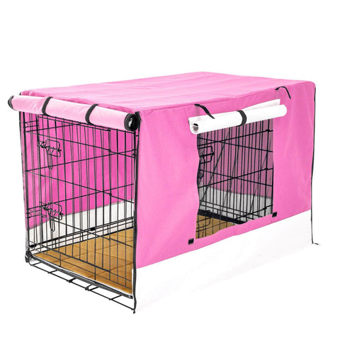 48in Wire Dog Crate w/ Tray, Cushion & Pink Cover