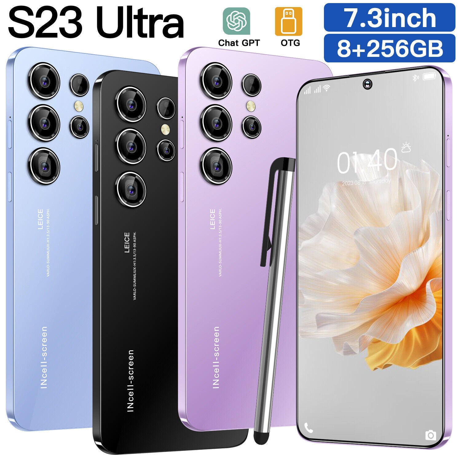 S23 Ultra Smartphone 7.3" 8GB+256GB Dual SIM Android 13 Unlocked Mobile Phones