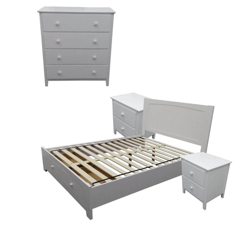 4Pc Double Bed Suite Bedside Tallboy Bedroom Set Furniture Package -Wht