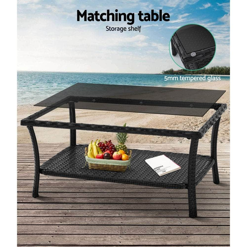 4Pcs Outdoor Sofa Set Wicker Harp Chair Table Garden Furniture Black