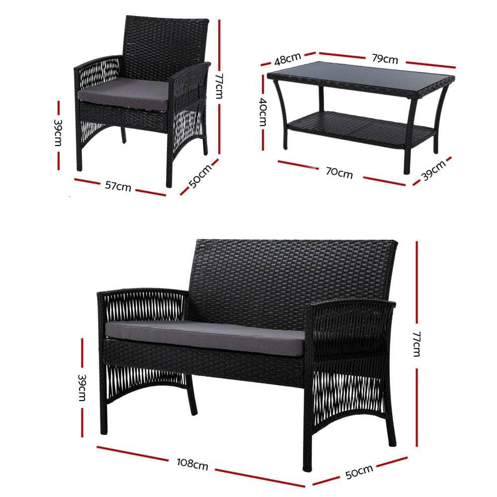 4Pcs Outdoor Sofa Set Wicker Harp Chair Table Garden Furniture Black