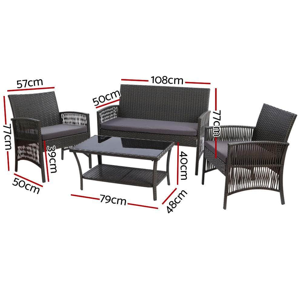 4Pcs Outdoor Sofa Set With Storage Cover Wicker Harp Chair Table Grey