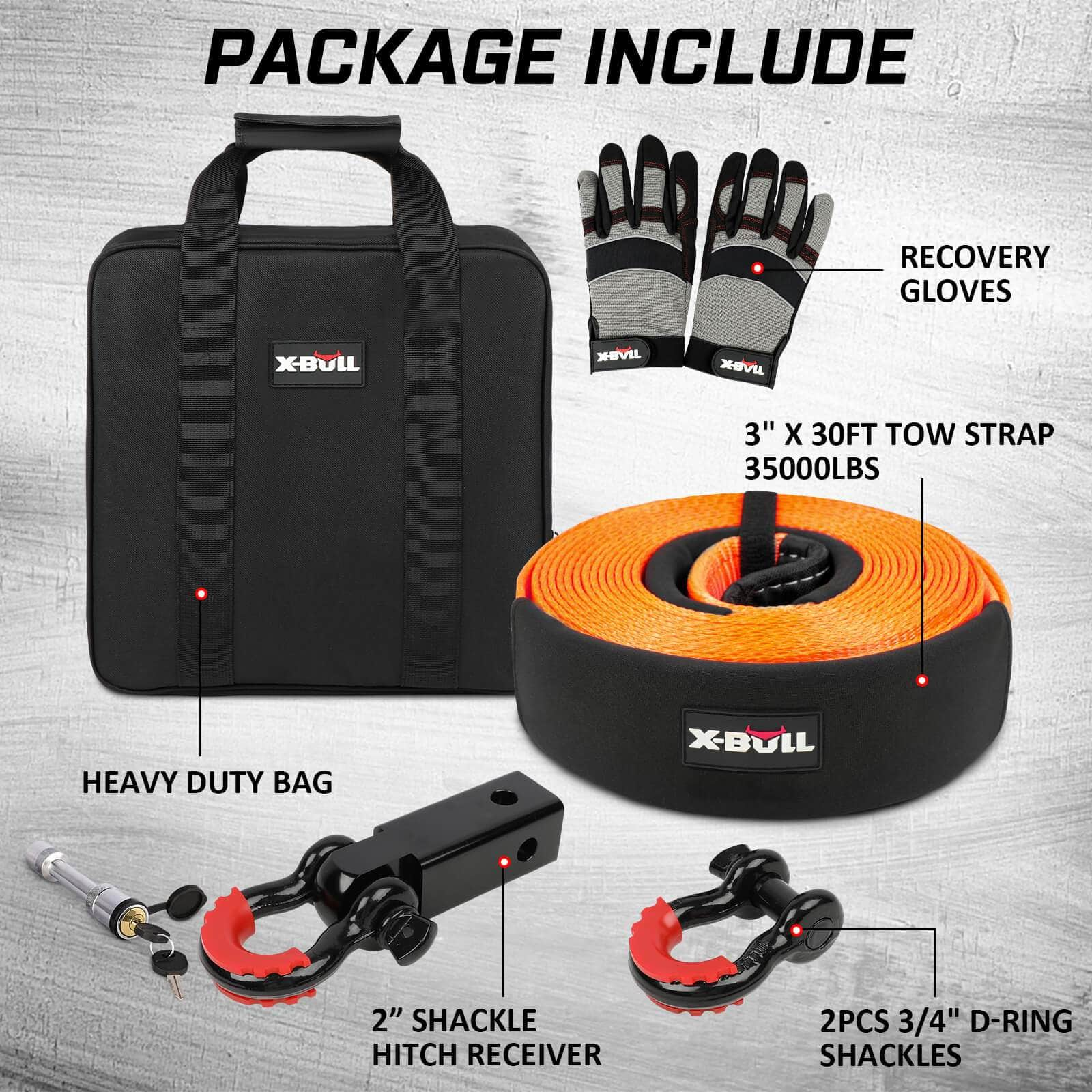 4Wd Recovery Kit With Snatch Strap, Hitch Receiver, And Bow Shackles