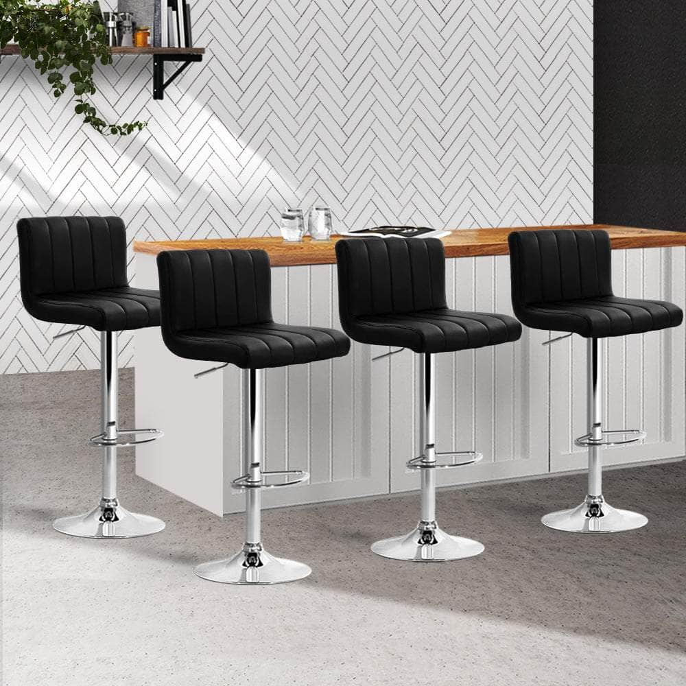 4x Bar Stools Gas Lift Leather Black