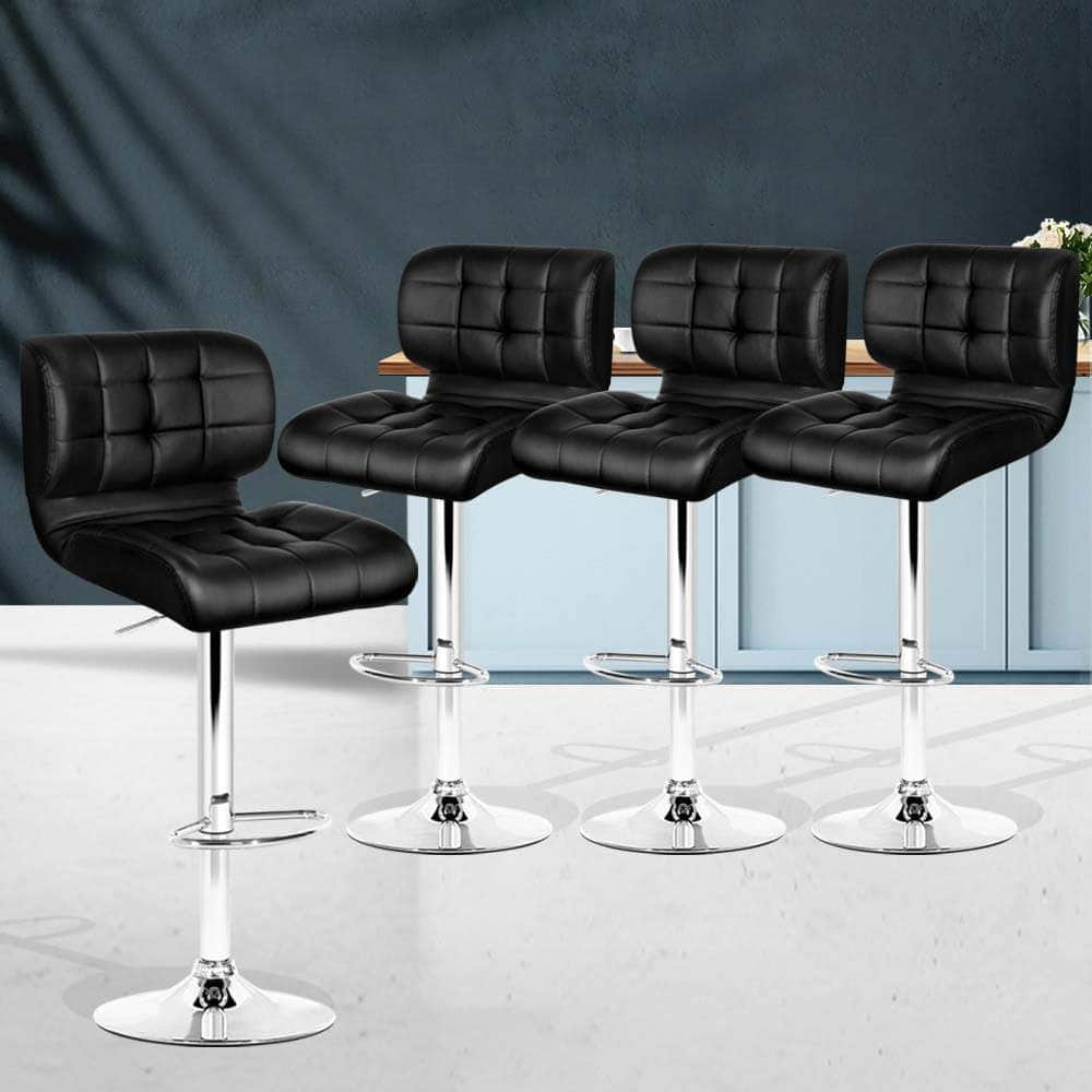 4x Bar Stools Gas Lift Leather Padded Black