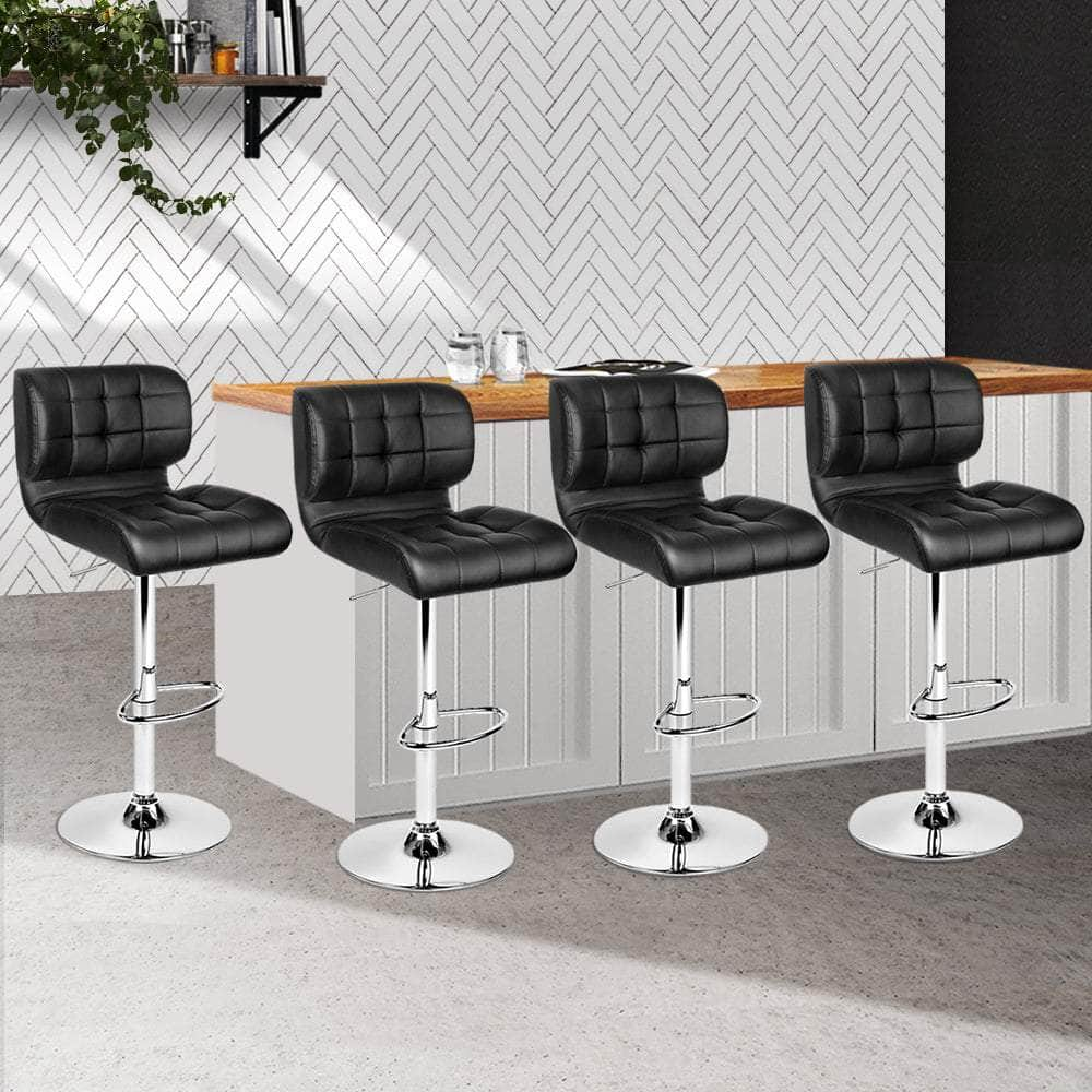 4x Bar Stools Gas Lift Leather Padded Black