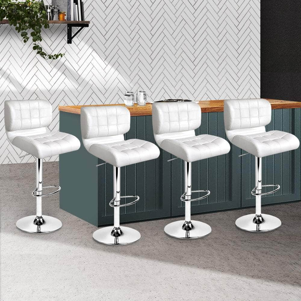 4x Bar Stools Gas Lift Leather Padded White