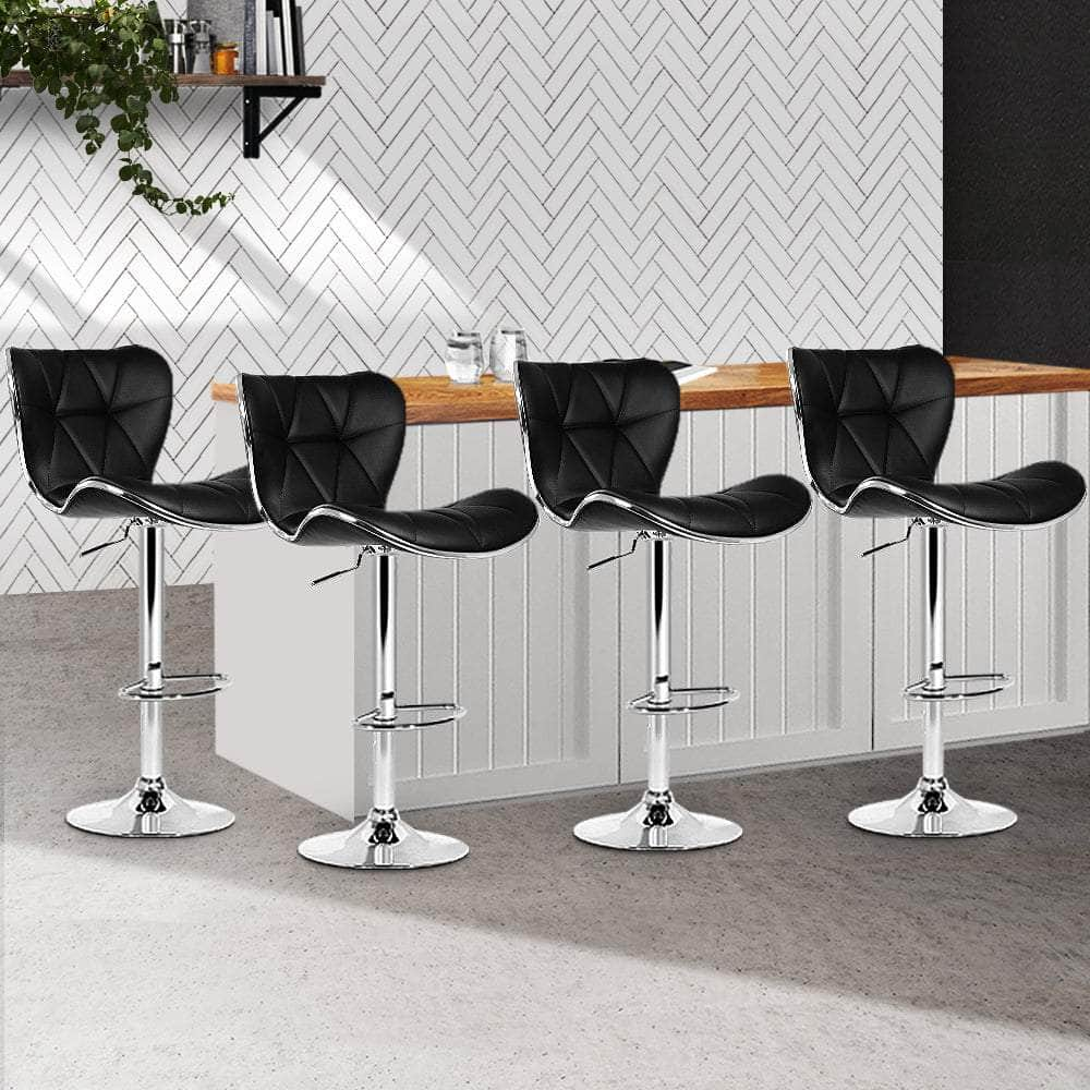 4x Bar Stools Gas Lift Leather Seat Black