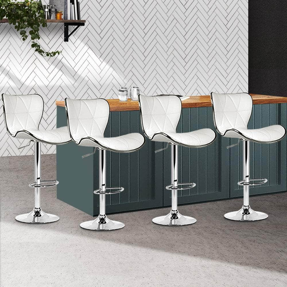 4x Bar Stools Gas Lift Leather Seat White