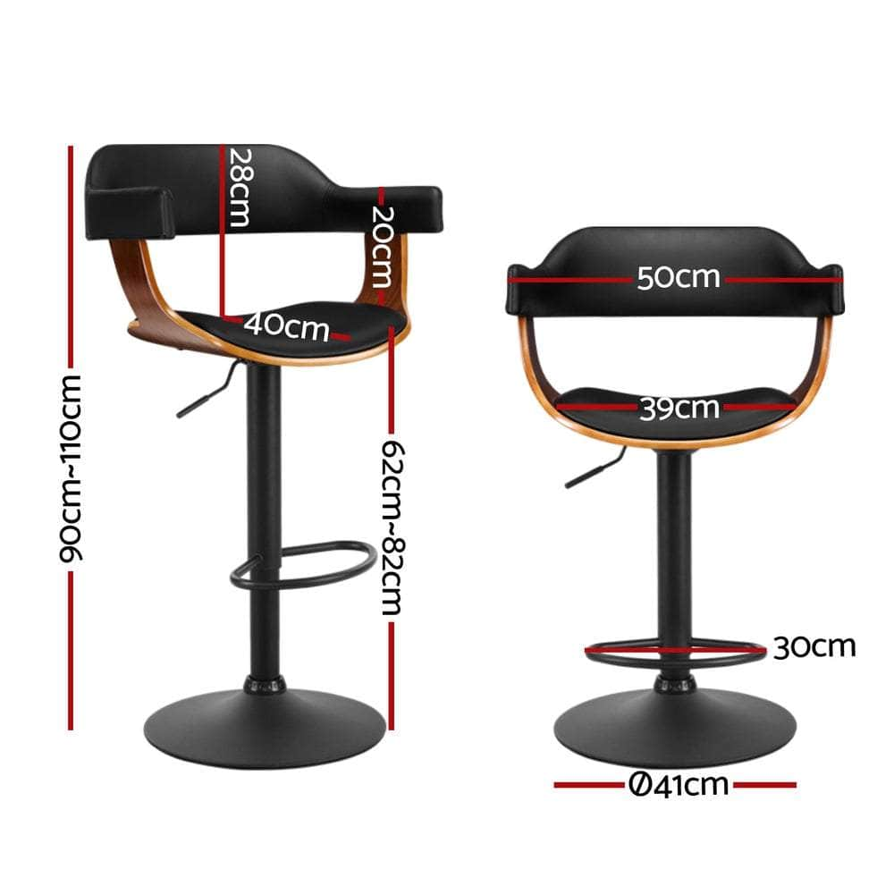 4x Bar Stools Gas Lift Leather with Armrest All Black