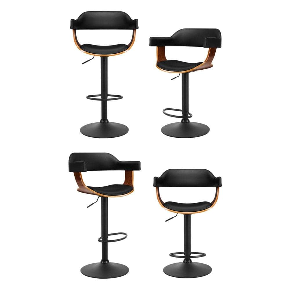 4x Bar Stools Gas Lift Leather with Armrest All Black