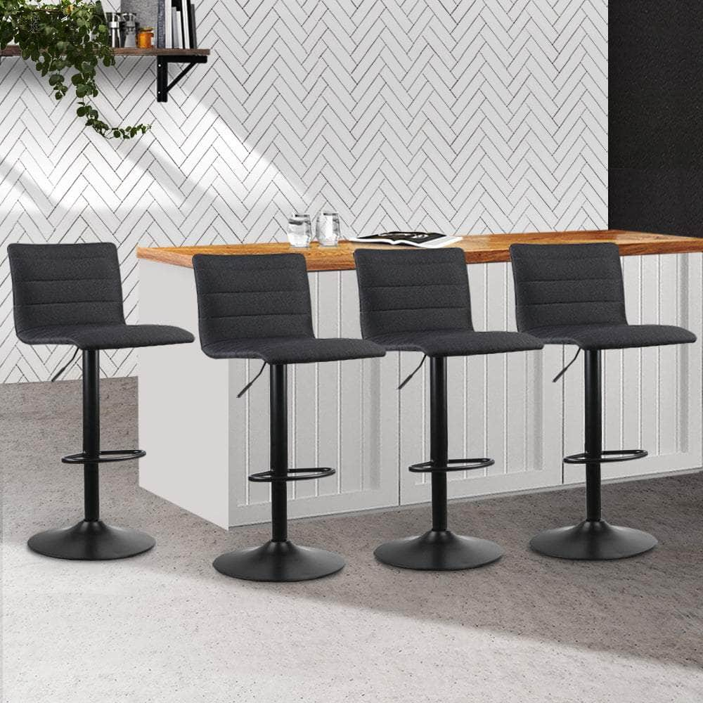 4x Bar Stools Gas Lift Linen Fabric Black