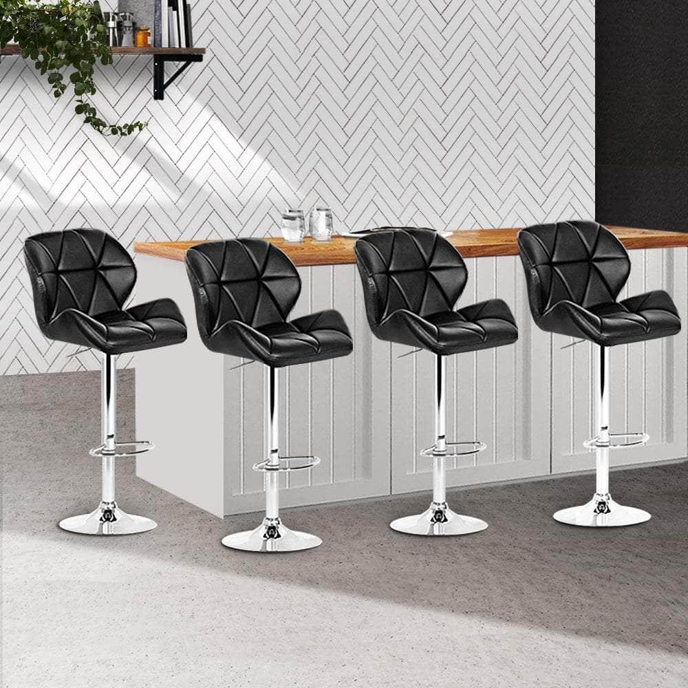 4x Bar Stools Gas Lift Padded Leather Black