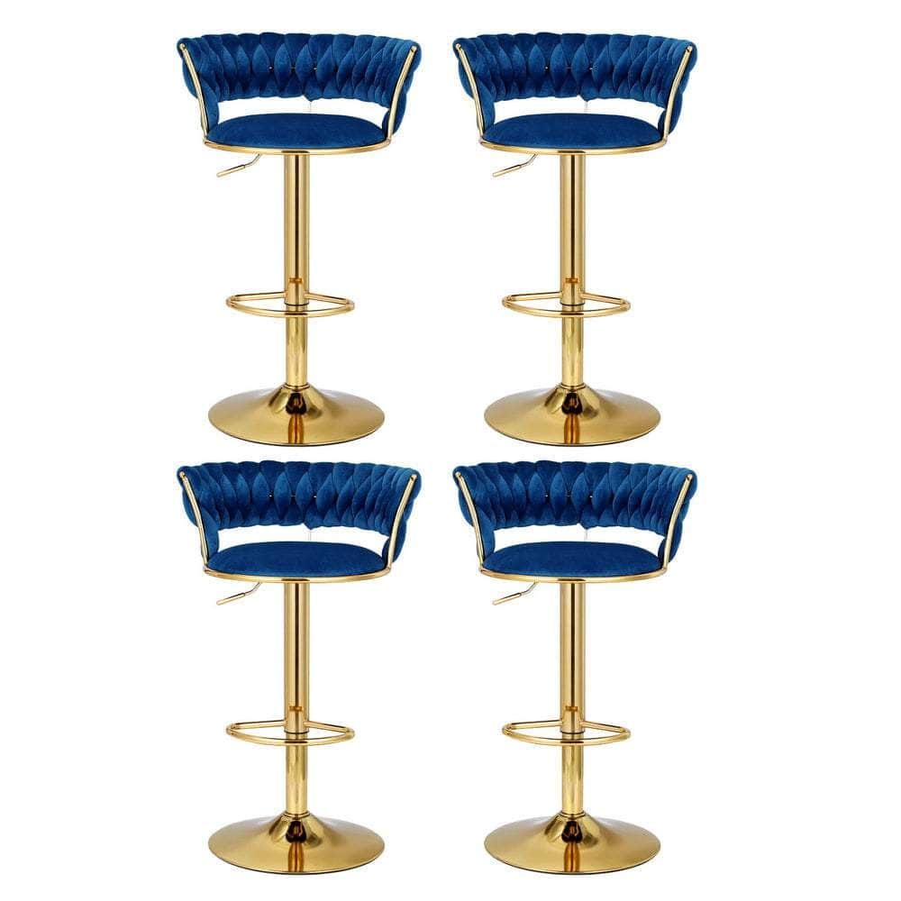 4X Bar Stools Gas Lift Velvet Woven Backrest Navy