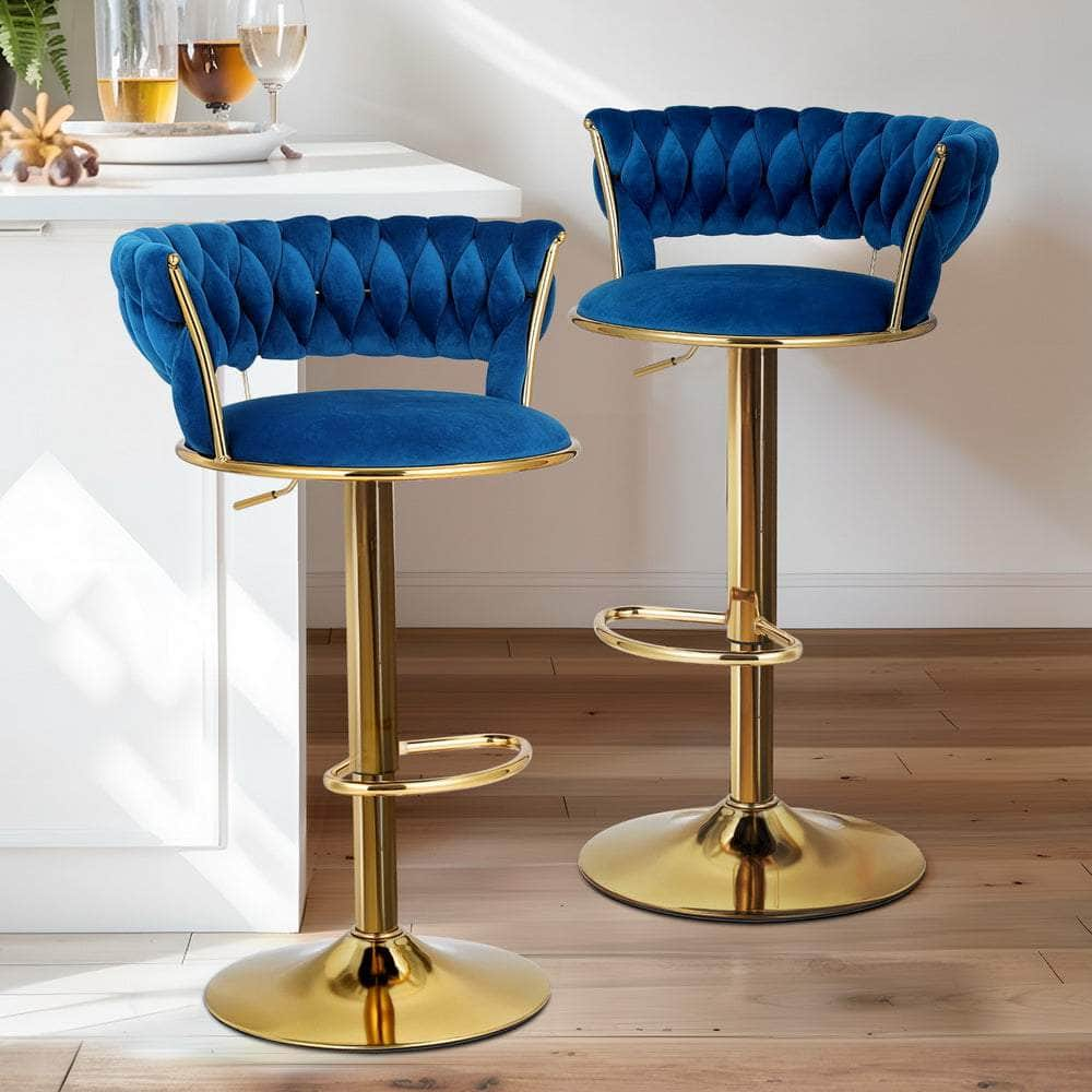 4X Bar Stools Gas Lift Velvet Woven Backrest Navy