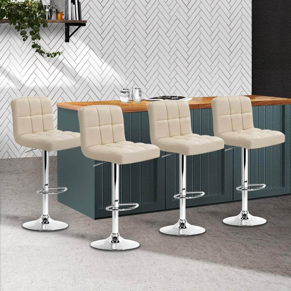 4x Bar Stools Leather Gas Lift Beige