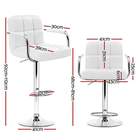 4x Bar Stools Leather Gas Lift w/Armrest White