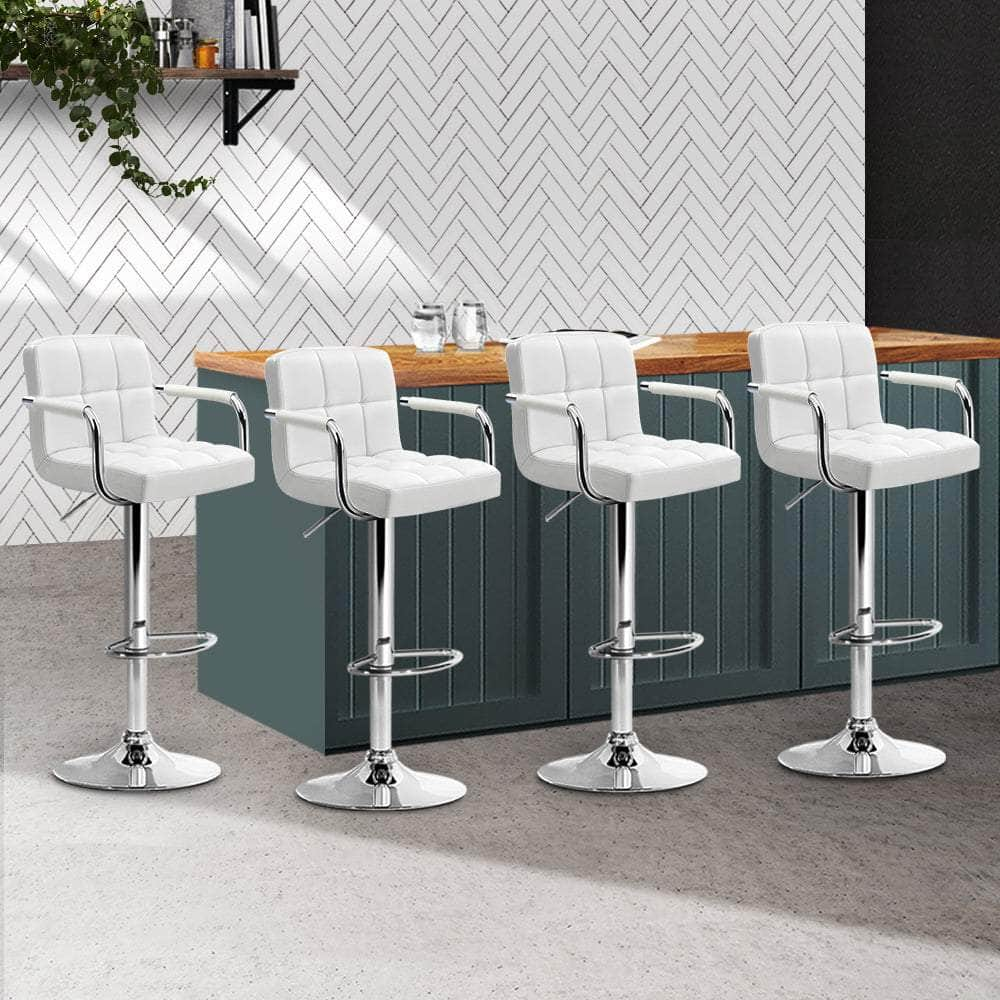 4x Bar Stools Leather Gas Lift w/Armrest White