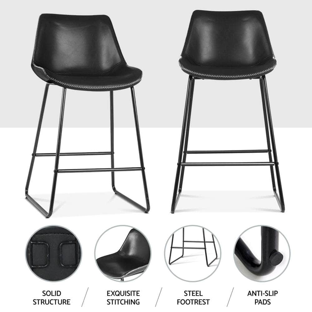 4X Bar Stools Leather Padded Metal Legs Black