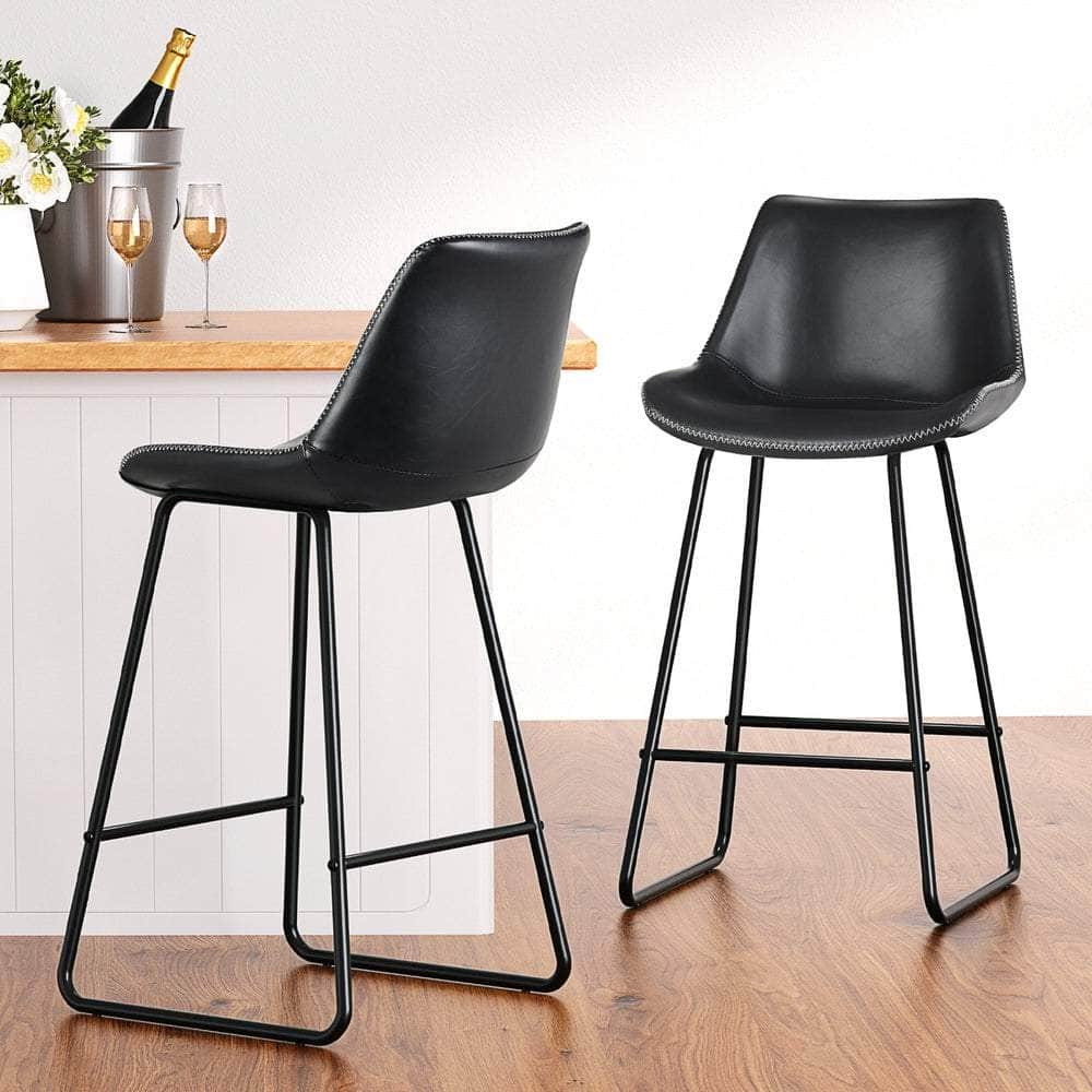 4X Bar Stools Leather Padded Metal Legs Black