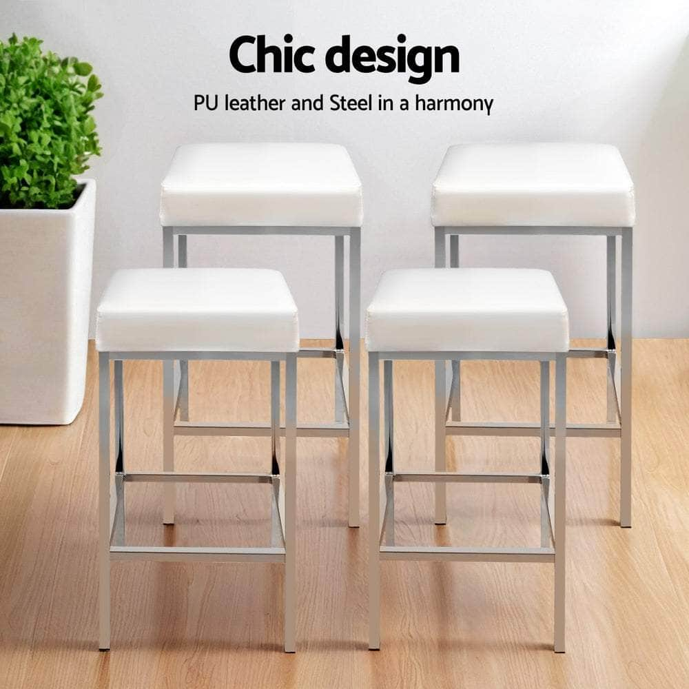 4x Bar Stools Leather Padded Metal White Stylish