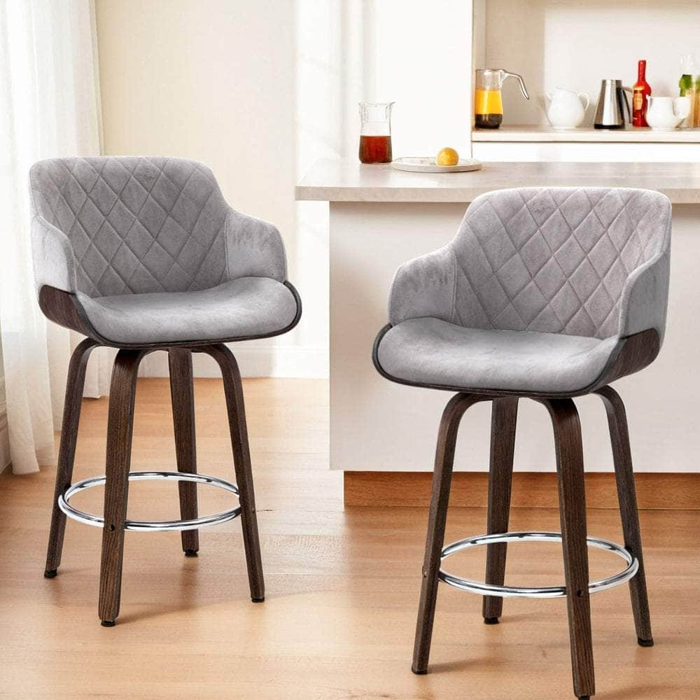 4X Bar Stools Swivel Velvet Padded Wooden