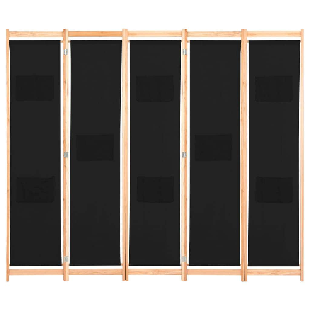 5-Panel Room Divider Black Fabric