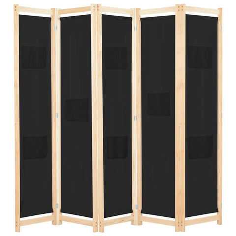 5-Panel Room Divider Black Fabric