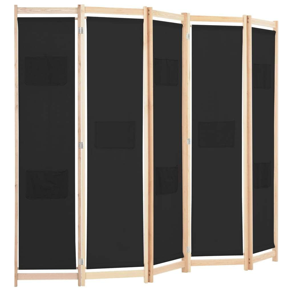 5-Panel Room Divider Black Fabric