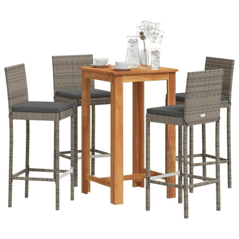 5 Pcs Garden Bar Set Grey Solid Wood Acacia and Poly Rattan