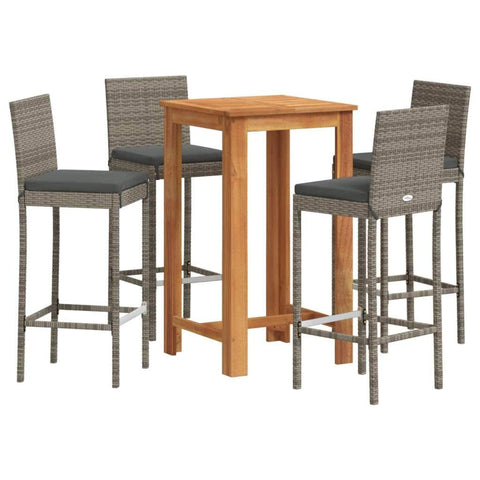 5 Pcs Garden Bar Set Grey Solid Wood Acacia and Poly Rattan