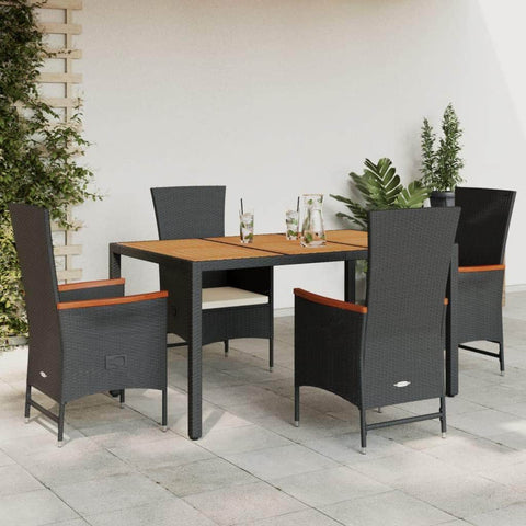 5 Pcs Garden Dining Set with Cushions Black Poly Rattan