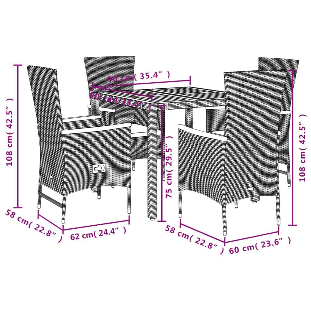 5-Pcs Garden Dining Set with Cushions Black Poly Rattan