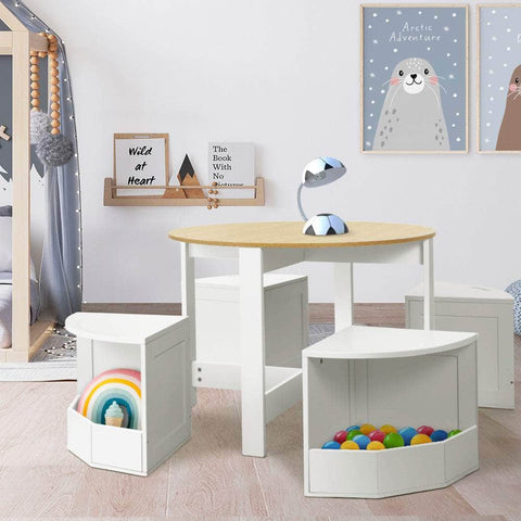 5 Pcs Kids Table And Chairs Set Storage Chair Wooden Play Study Desk Sets