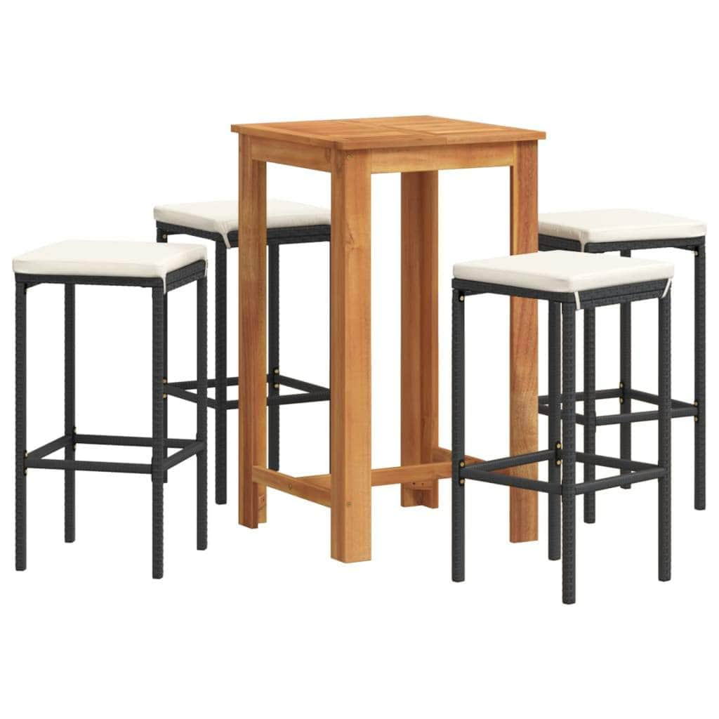 5-Piece Garden Bar Set Black Solid Wood Acacia and Poly Rattan