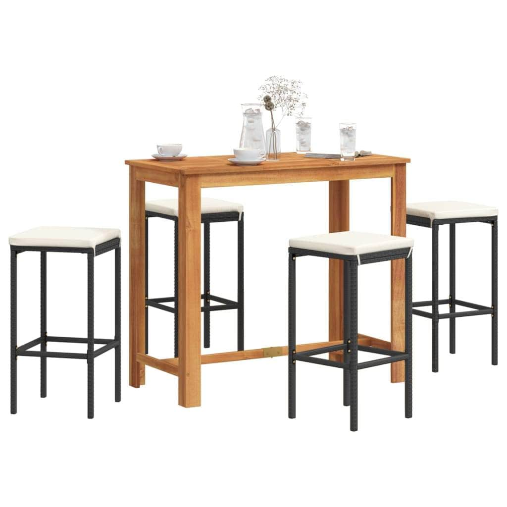 5 Piece Garden Bar Set Grey Solid Wood Acacia and Poly Rattan