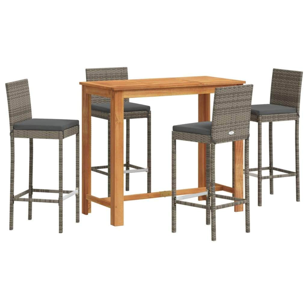 5-Piece Garden Bar Set Grey Solid Wood Acacia and Poly Rattan