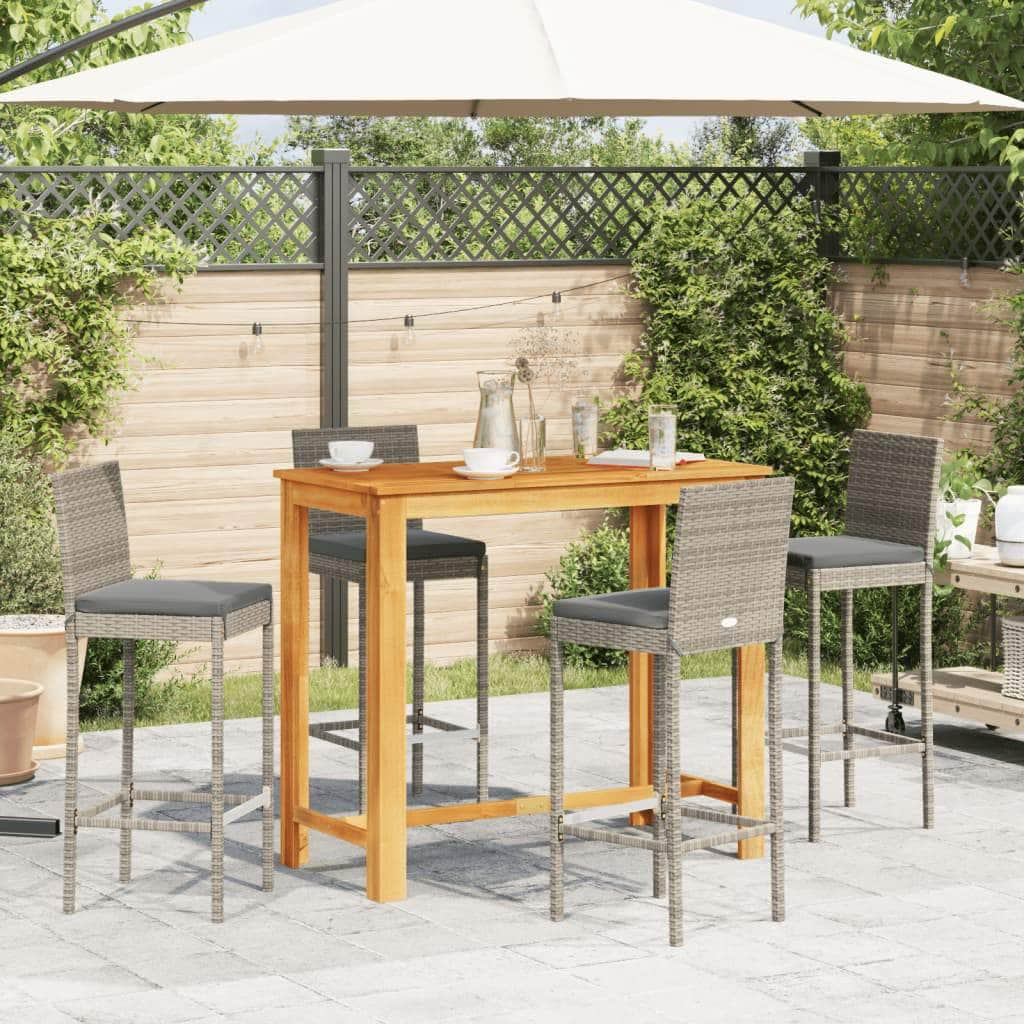 5-Piece Garden Bar Set Grey Solid Wood Acacia and Poly Rattan